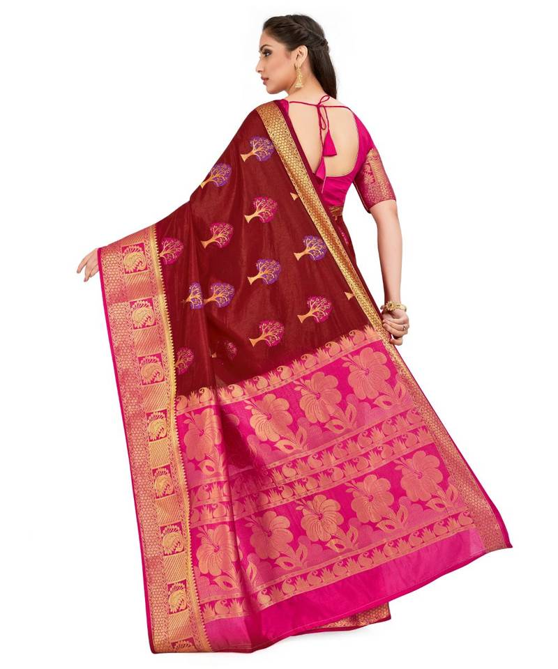 maroon hand woven art silk saree with blouse