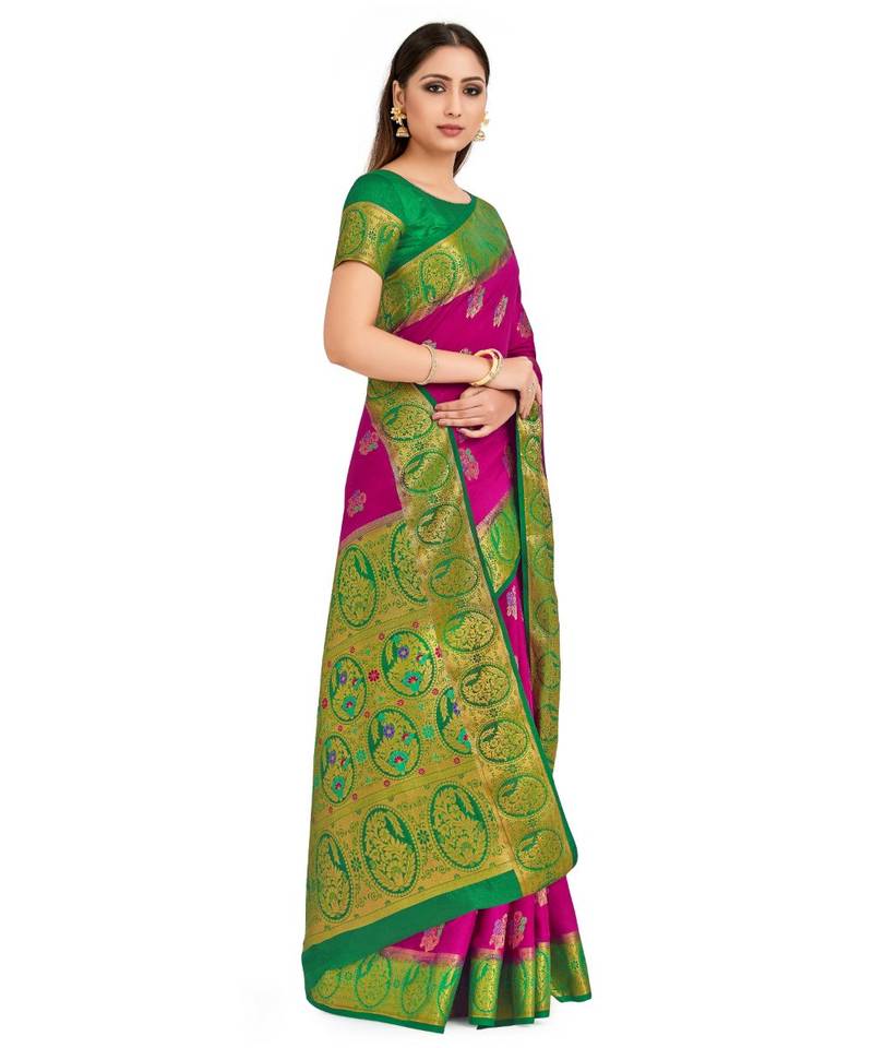 pink hand woven art silk saree with blouse