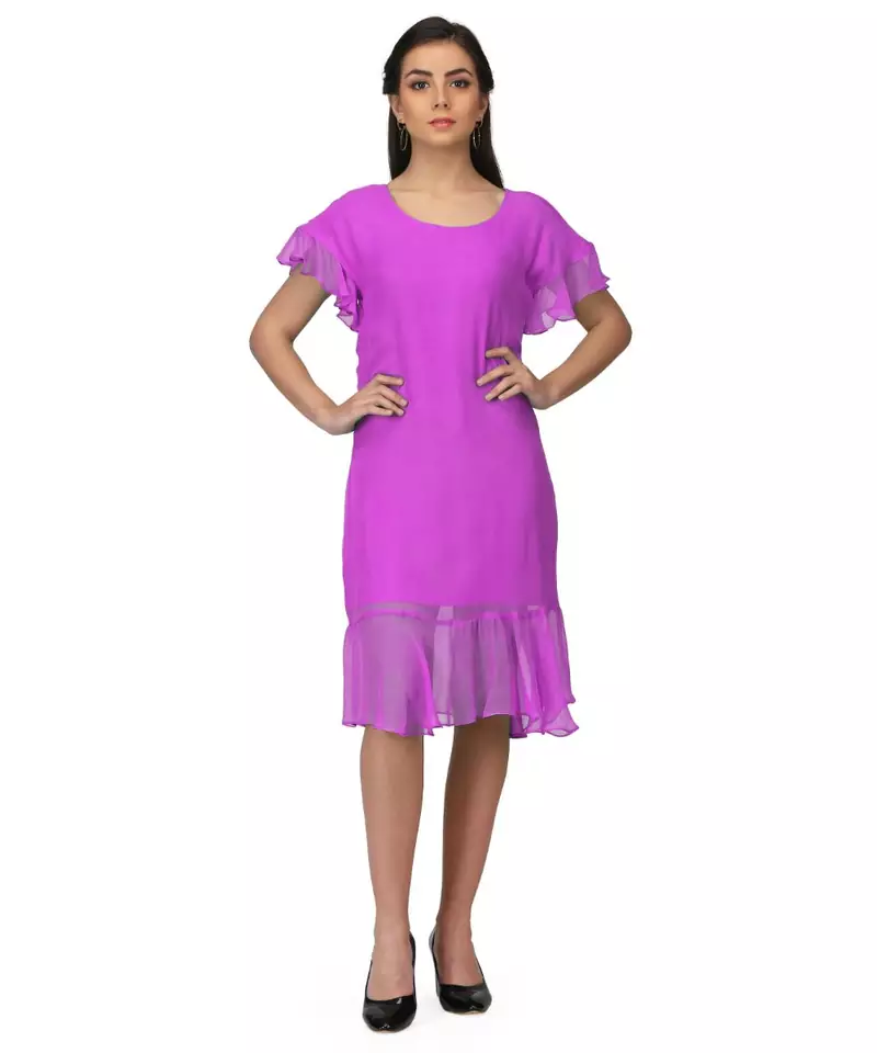 Women's Half Sleeves Round - Neck Georgette  Midi Casual Dress Mauve