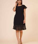 Women's Half Sleeves Round - Neck Georgette  Midi Casual Dress Black
