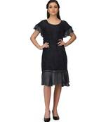 Women's Half Sleeves Round - Neck Georgette  Midi Casual Dress Black