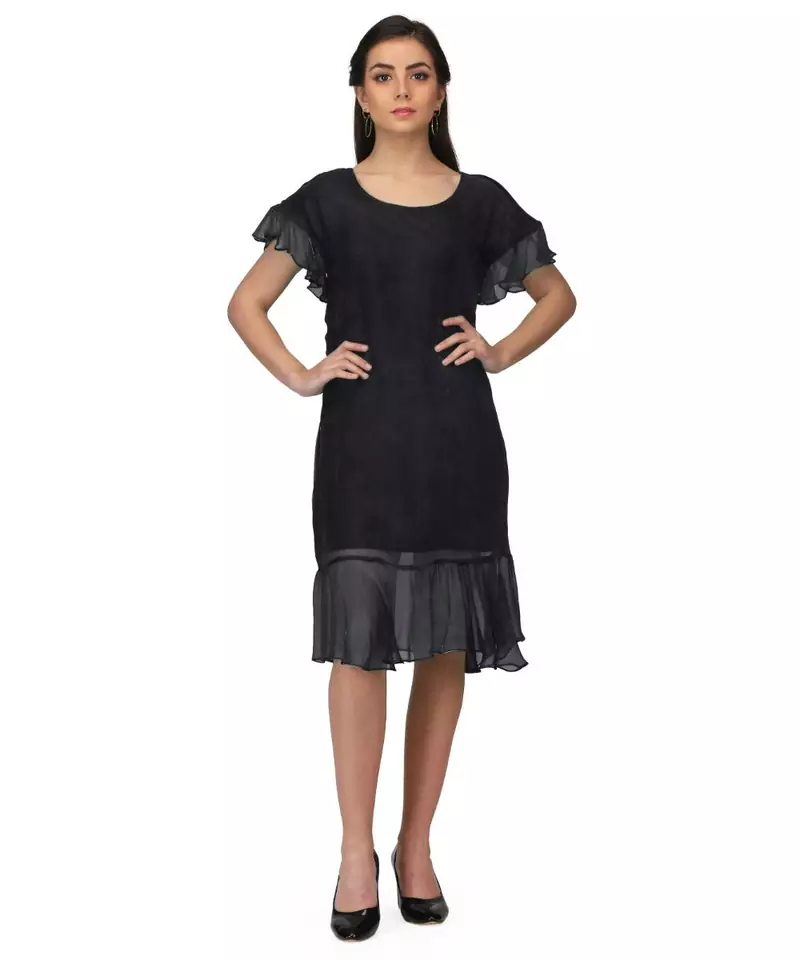 Women's Half Sleeves Round - Neck Georgette  Midi Casual Dress Black