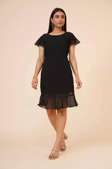 Women's Half Sleeves Round - Neck Georgette  Midi Casual Dress Black