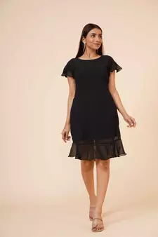 Women's Half Sleeves Round - Neck Georgette  Midi Casual Dress Black