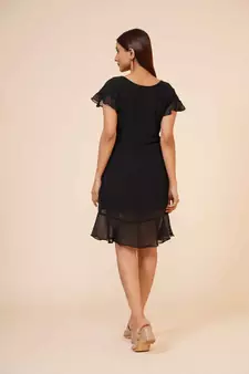 Women's Half Sleeves Round - Neck Georgette  Midi Casual Dress Black
