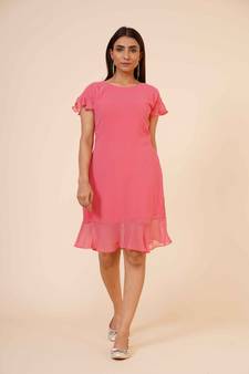 Women's Half Sleeves Round - Neck Georgette  Midi Casual Dress Peach