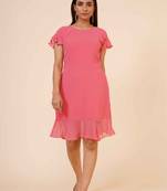 Women's Half Sleeves Round - Neck Georgette  Midi Casual Dress Peach