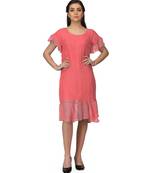 Women's Half Sleeves Round - Neck Georgette  Midi Casual Dress Peach