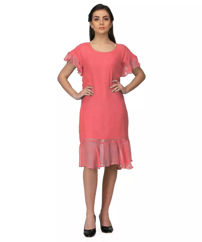 Women's Half Sleeves Round - Neck Georgette  Midi Casual Dress Peach