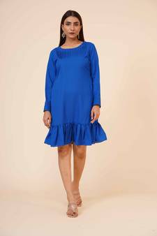 Women's Pin Tucks Georgette Midi Casual Dress Cobalt  Blue