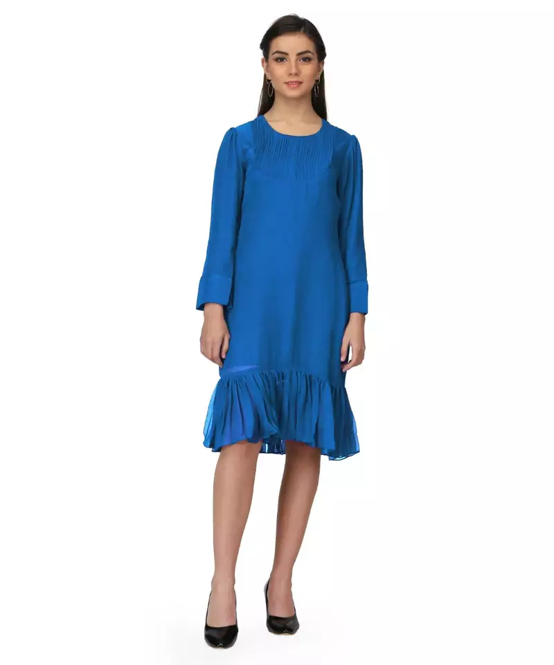 Women's Pin Tucks Georgette Midi Casual Dress Cobalt  Blue