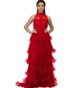 Women's Halter Neck Drape Net Party Evening Corset Gown in Red