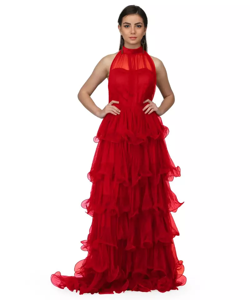 Women's Halter Neck Drape Net Party Evening Corset Gown in Red
