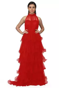 Women's Halter Neck Drape Net Party Evening Corset Gown in Red