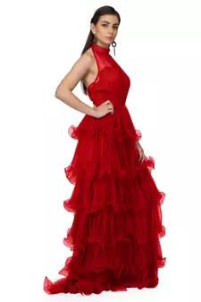 Women's Halter Neck Drape Net Party Evening Corset Gown in Red