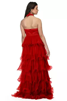 Women's Halter Neck Drape Net Party Evening Corset Gown in Red