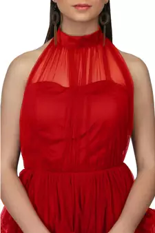 Women's Halter Neck Drape Net Party Evening Corset Gown in Red