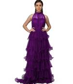 Women's Halter Neck Drape Net Party Evening Corset Gown in Purple