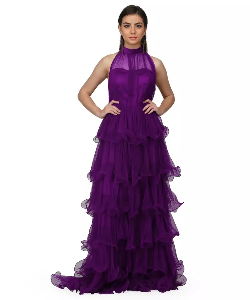 Women's Halter Neck Drape Net Party Evening Corset Gown in Purple