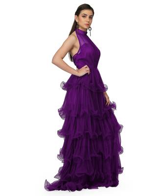 Women's Halter Neck Drape Net Party Evening Corset Gown in Purple 2