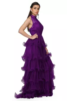 Women's Halter Neck Drape Net Party Evening Corset Gown in Purple