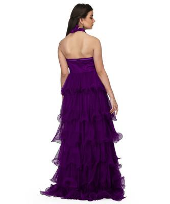 Women's Halter Neck Drape Net Party Evening Corset Gown in Purple 3