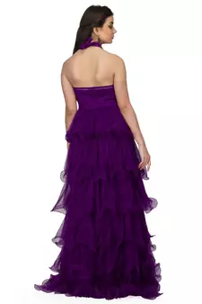 Women's Halter Neck Drape Net Party Evening Corset Gown in Purple