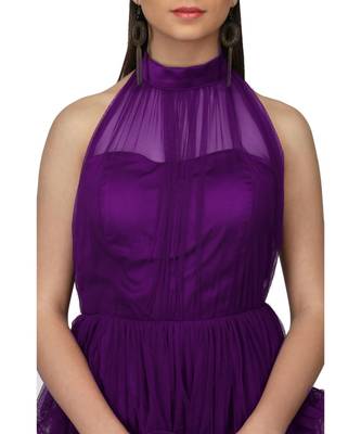 Women's Halter Neck Drape Net Party Evening Corset Gown in Purple 4
