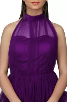 Women's Halter Neck Drape Net Party Evening Corset Gown in Purple