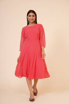Women's Round Neck Georgette Party/ Casual Dress in Peach