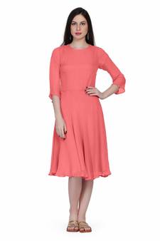 Women's Round Neck Georgette Party/ Casual Dress in Peach