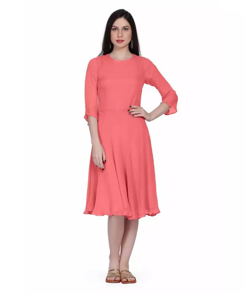Women's Round Neck Georgette Party/ Casual Dress in Peach