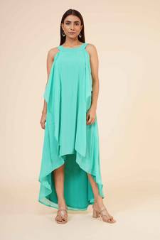 Women's Halter Neck Ruffle Drape Georgette Party/ Evening Gown in Spring Green