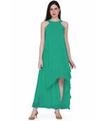 Women's Halter Neck Ruffle Drape Georgette Party/ Evening Gown in Spring Green