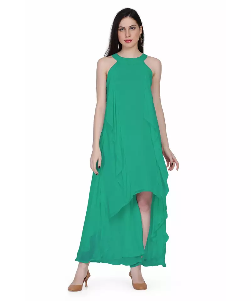 Women's Halter Neck Ruffle Drape Georgette Party/ Evening Gown in Spring Green