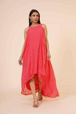Women's Halter Neck Ruffle Drape Georgette Party/ Evening Gown in Peach 1