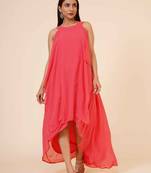 Women's Halter Neck Ruffle Drape Georgette Party/ Evening Gown in Peach