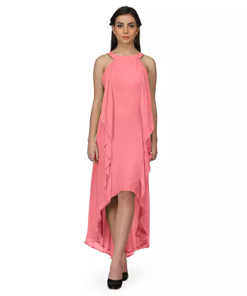 Women's Halter Neck Ruffle Drape Georgette Party/ Evening Gown in Peach