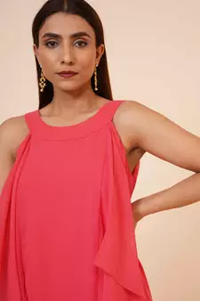 Women's Halter Neck Ruffle Drape Georgette Party/ Evening Gown in Peach