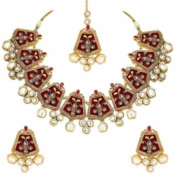 Gold Plated Kundan Meenakari Bridal Necklace Set with Earrings & Maang Tikka for Women  6