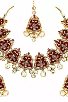Gold Plated Kundan Meenakari Bridal Necklace Set with Earrings & Maang Tikka for Women 