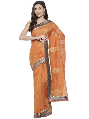 CLASSICATE from the house of The Chennai Silks  Rust Orange Viscose Rayon Embellished Banarasi Saree With Blouse Piece 1