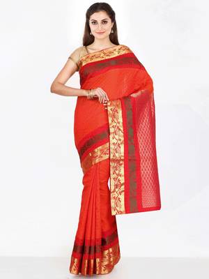 CLASSICATE from the house of The Chennai Silks  Women's Orange Dharmavaram Silk Saree With Blouse 1
