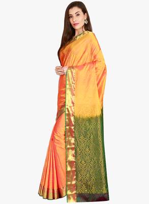 CLASSICATE from the house of The Chennai Silks  Women's Orange Kanjivaram Silk Saree With Blouse Piece 2