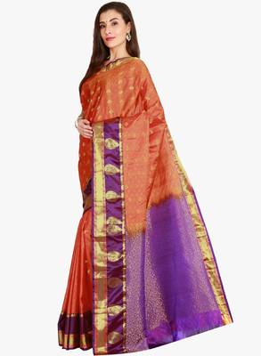 CLASSICATE from the house of The Chennai Silks  Women's Orange Kanjivaram Silk Saree With Blouse 2