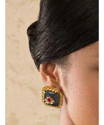 Pretty Preciosa Gold Toned Blue carved Onyx Earrings 1