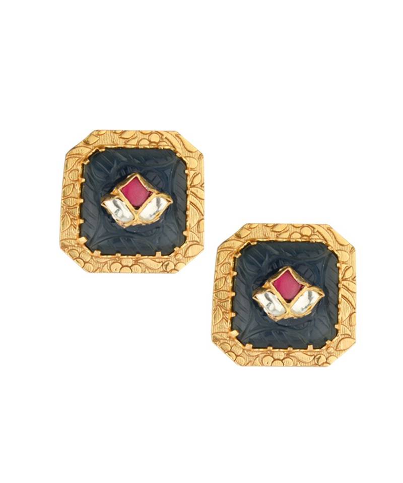 Pretty Preciosa Gold Toned Blue carved Onyx Earrings