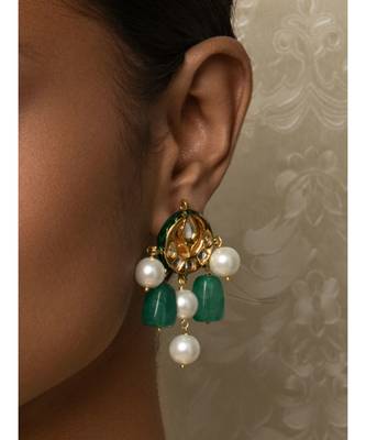 Jazzy Enamelled Green Kundan, Jade And  Pearl Earrings 1