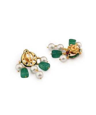 Jazzy Enamelled Green Kundan, Jade And  Pearl Earrings 3
