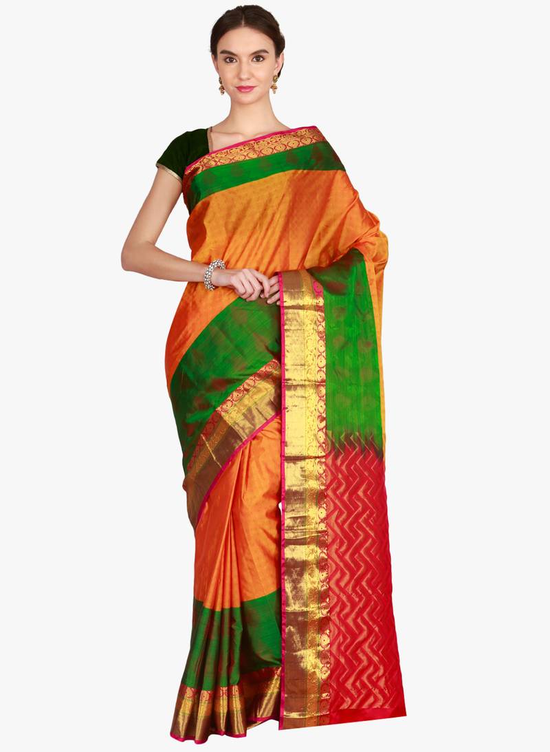 CLASSICATE from the house of The Chennai Silks  Women's Gold Kanjivaram Silk Saree With Blouse